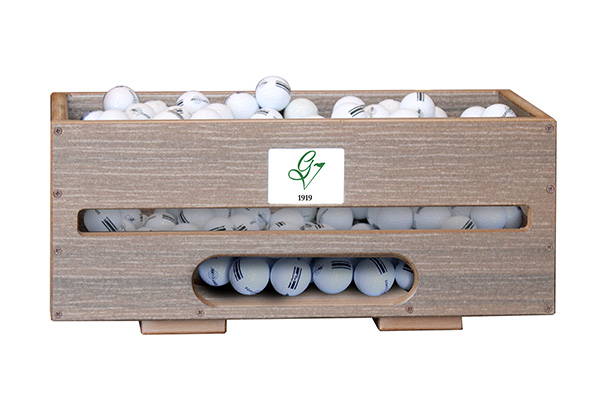 Range Ball Crate Dispenser 200 to 250 Golf Balls with Door Divider Walnut with Logo GB200 JFM Golf