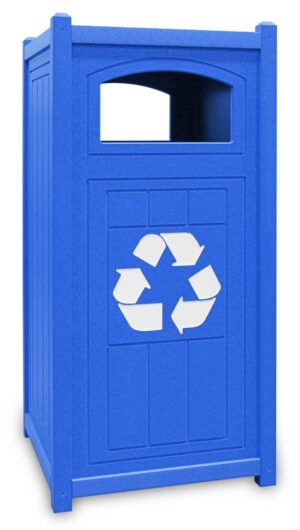 Recycle Logo on Square Side Load Trash Container 26 Gallon Blue GT2226 Single Unit JFM Golf