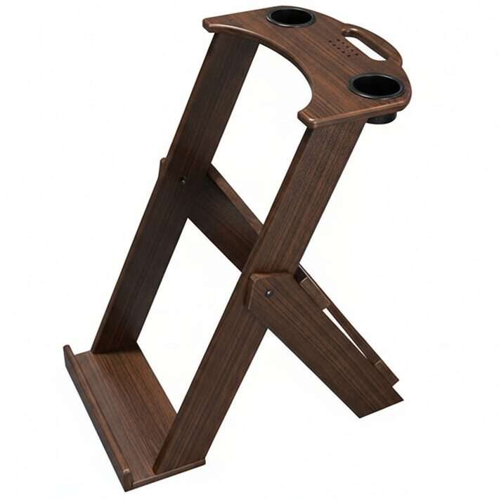 Recycled Plastic Regal Folding Bag Stand with Tee Holes and Two Cup Holders, Brazilian Walnut