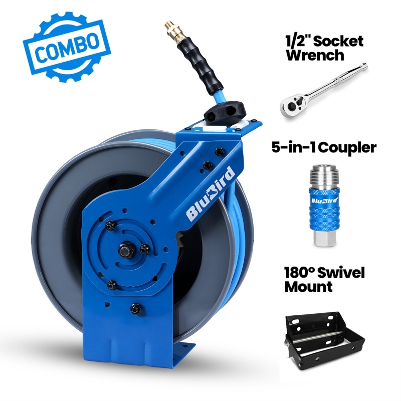 BluBird Heavy-Duty Air Hose Reel All-In-One 3/8-inch x 50 Feet JFM Golf