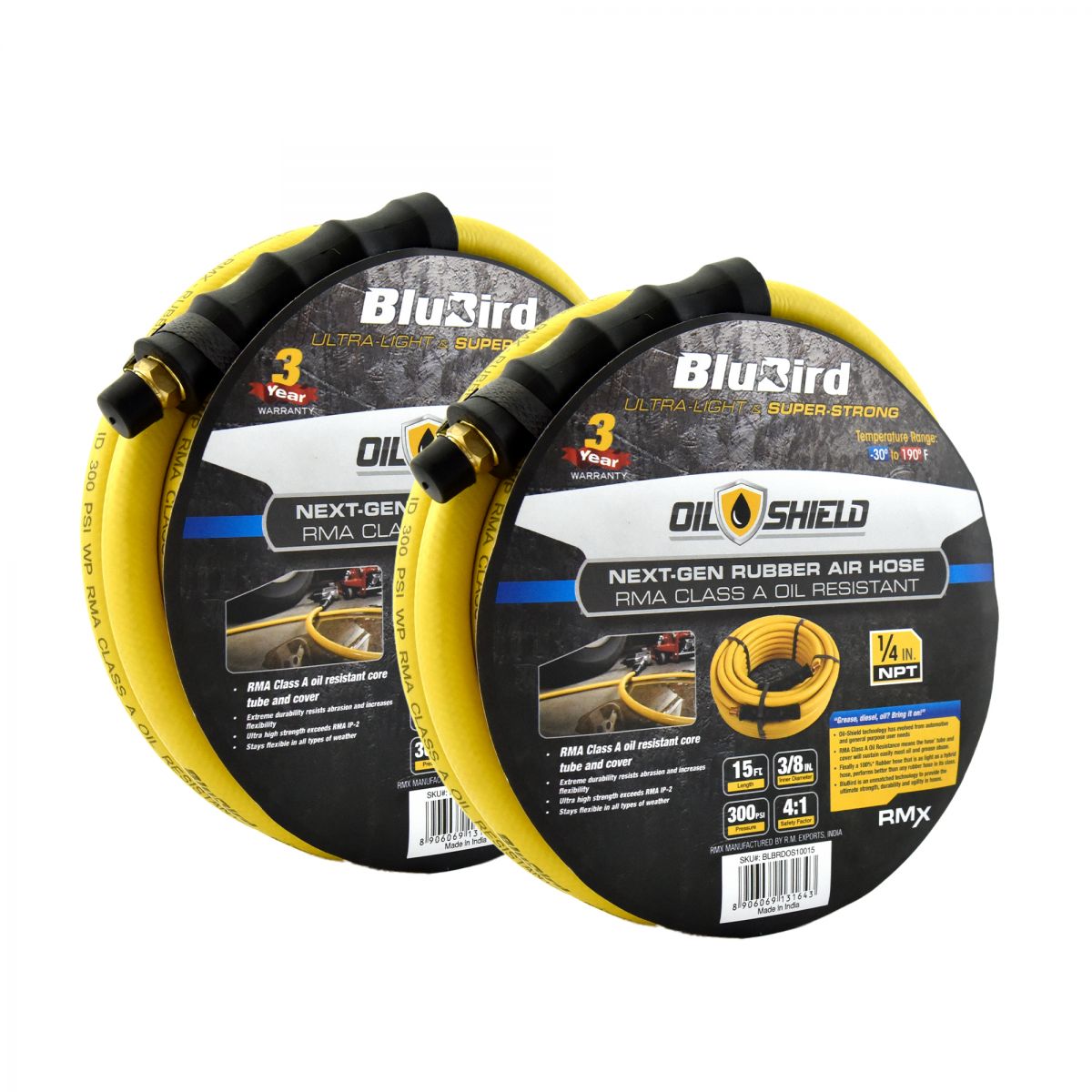 BluBird OilShield Rubber Air Hose Assembly 3/8-inch x 15 Feet, 2 Pack JFM Golf
