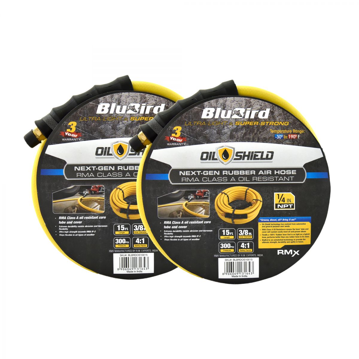 BluBird OilShield Rubber Air Hose Assembly 3/8-inch x 15 Feet, 2 Pack JFM Golf