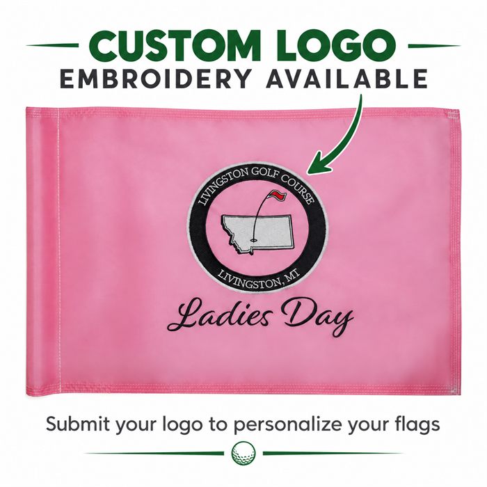 Custom-logo embroidered pink regulation golf flag — $27.99 each | JFM Golf
