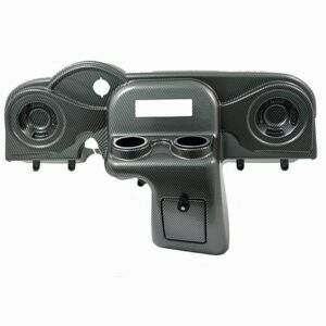 Carbon-fiber-weave EZGO RXV dash console shown from the front, with radio and speaker openings, two cup holders, and a small storage compartment.