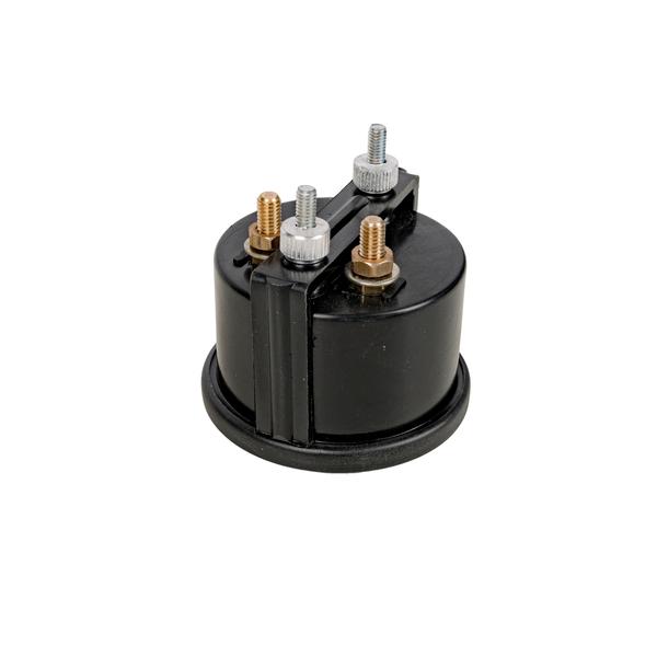 Rear view of the meter with a mounting strap and four threaded electrical posts.