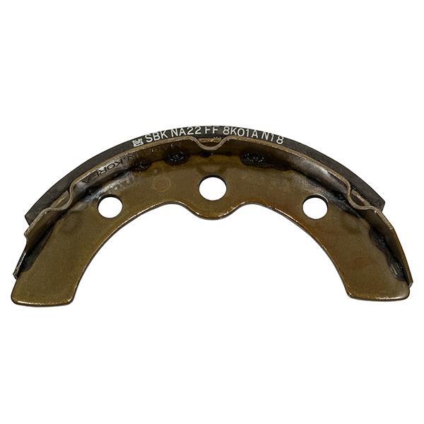 Inner face of one brake shoe with three mounting holes and the product marking along the edge.