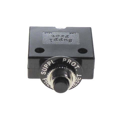 Black charger circuit breaker with a threaded reset button and mounting holes.