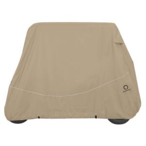 Light khaki golf cart cover fitted over a cart.