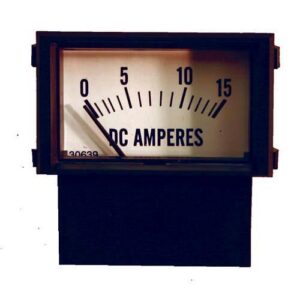 Rectangular DC ammeter with a face marked from 0 to 15 amperes.