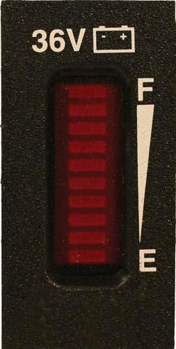 Curtis 36-volt battery charge indicator with vertical red LED bars and full-to-empty markers.