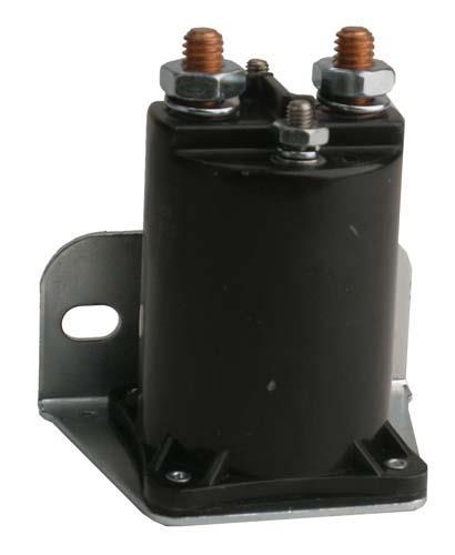 Black solenoid with metal terminals and a mounting bracket, shown from the front.