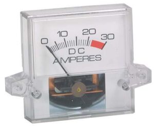 Square DC ammeter face with a scale marked from 0 to 30 amperes.