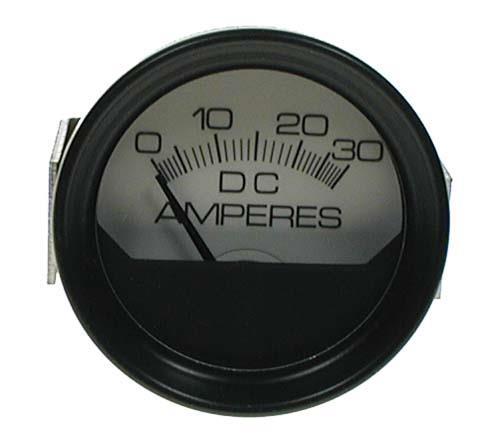 Round-face DC ammeter gauge with a 0–30 amp scale.