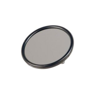Black round mirror shown from the reflective face.
