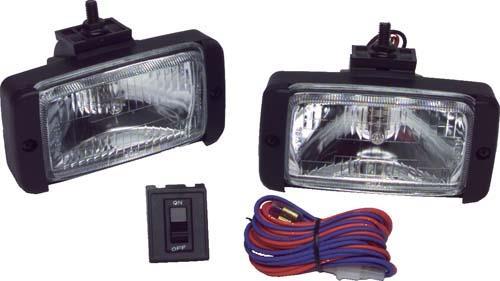 Two rectangular headlights with black housings, a switch, and wiring, shown together.