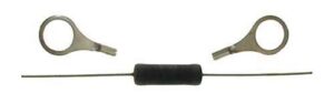 Resistor assembly with a central resistor and ring terminals at both ends.