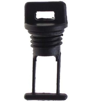 Rubber drain plug with a rectangular pull tab and slotted stem.