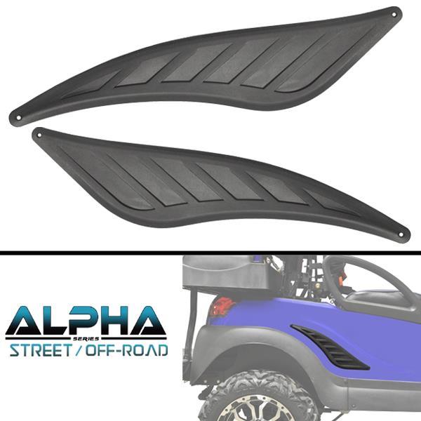 Two black Alpha Series rear fender trim accents, with one shown installed on a blue cart body.