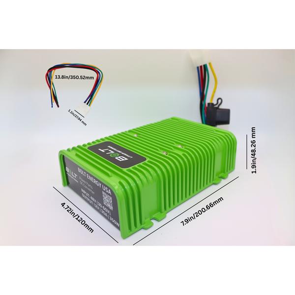 Side view of green DC/DC converter with dimension labels for length, width, and height.