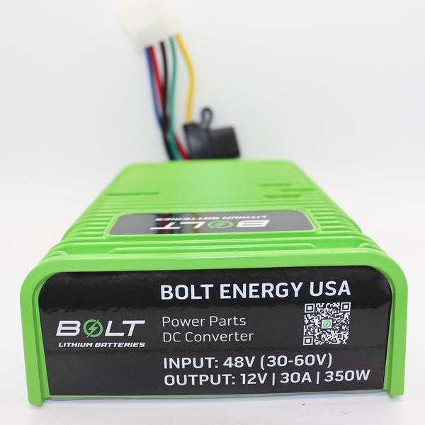 Close-up of converter label showing 48V input and 12V, 30A, 350W output markings.