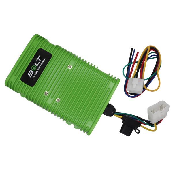 Green Bolt Energy DC/DC converter with wire leads and white electrical connectors, shown against white.