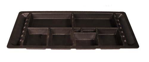 Black underseat storage tray with rectangular organizer compartments and narrow channels along both sides
