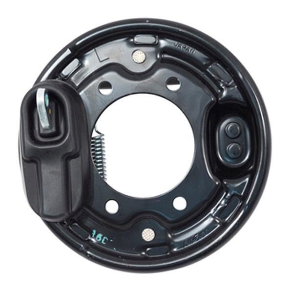 Driver-side mechanical brake assembly with the backing plate, shoes, and linkage visible.
