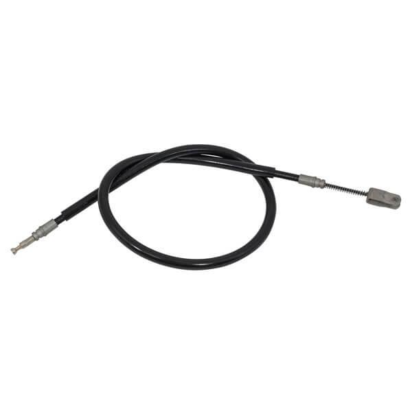 Black driver-side brake cable looped, with metal end fittings visible.