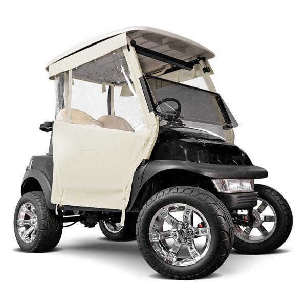 Ivory golf cart enclosure with clear window panels fitted over the side of a black EZGO TXT cart, viewed from the front left.