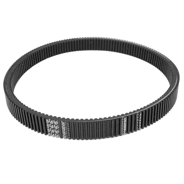 Black drive belt arranged in a loop, with the ribbed inner surface visible.