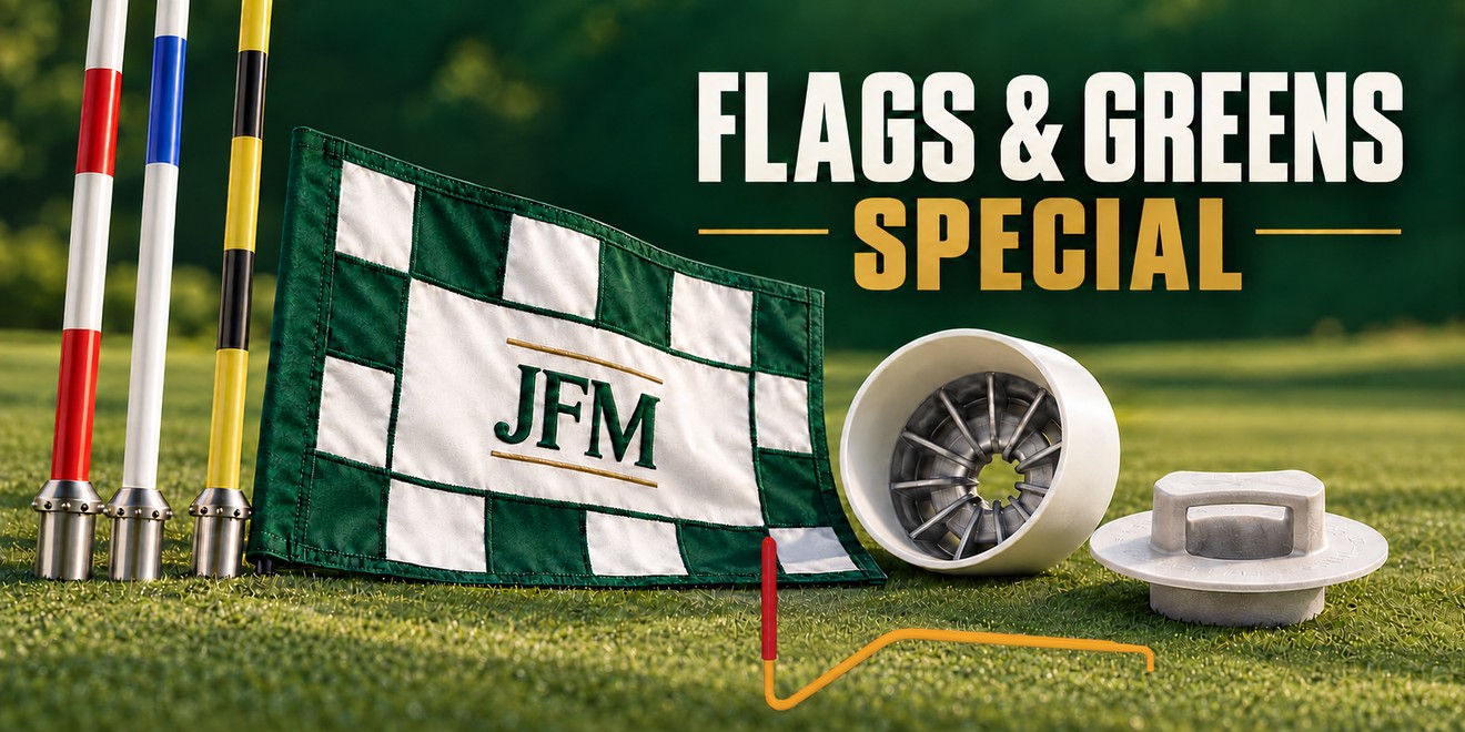Flags and Greens Special featuring flagsticks, an embroidered flag, golf cup, cup setter and cup hook