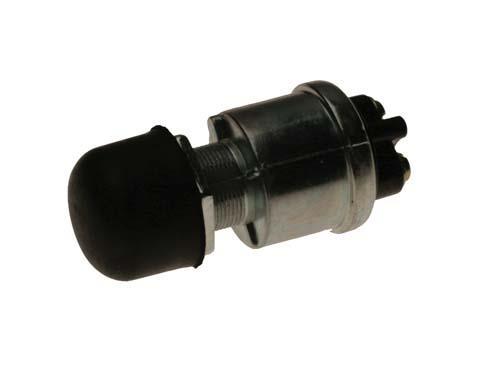 Black floor-mount horn button with rounded push cap and threaded cylindrical body.