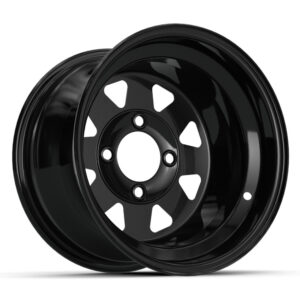 Glossy black 12-inch spoke steel golf cart wheel viewed from the front.