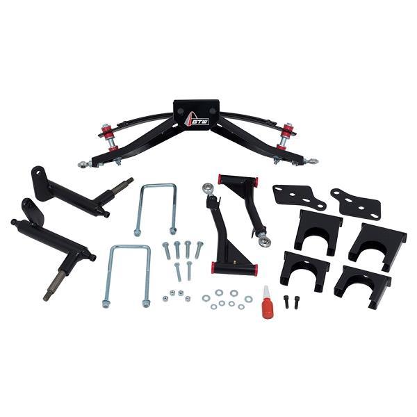 GTW double A-arm lift kit components laid out with black suspension arms, brackets, U-bolts, bolts, washers and mounting hardware