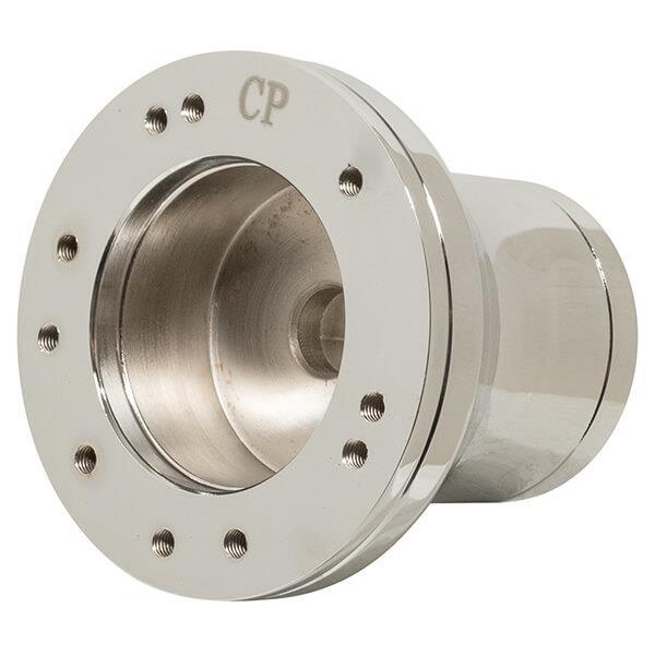 Chrome 5/6-hole steering wheel adapter for Club Car Precedent, shown at an angle.
