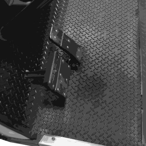Black diamond-plate floormat shown installed in a golf cart, with its textured surface visible.