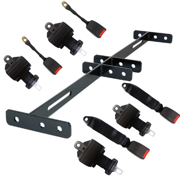 Four retractable seat belts arranged with a universal metal mounting bracket.