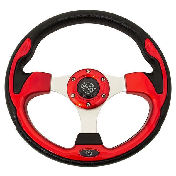 GTW 12.5-inch red steering wheel with red and black grip sections and brushed silver three-spoke center