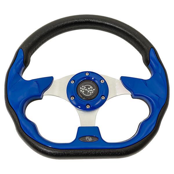 GTW 12.5-inch blue steering wheel with blue accents, black grip, and brushed silver three-spoke center