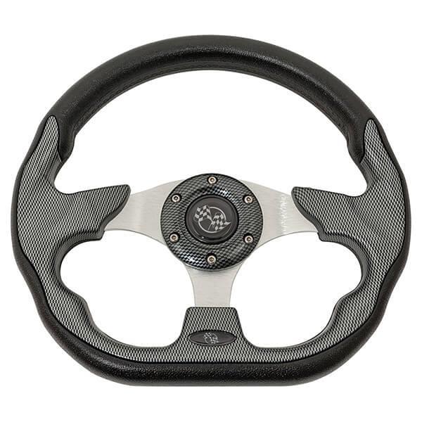 GTW 12.5-inch carbon fiber steering wheel with textured black grip and brushed silver three-spoke center