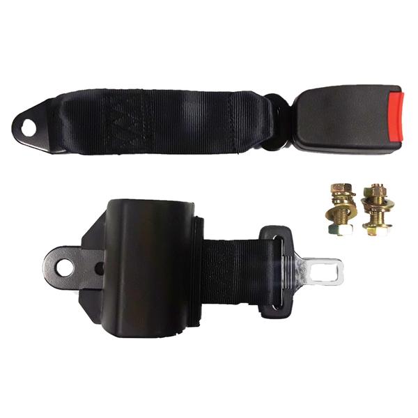 Close-up of one retractable seat belt, buckle, and mounting fasteners.