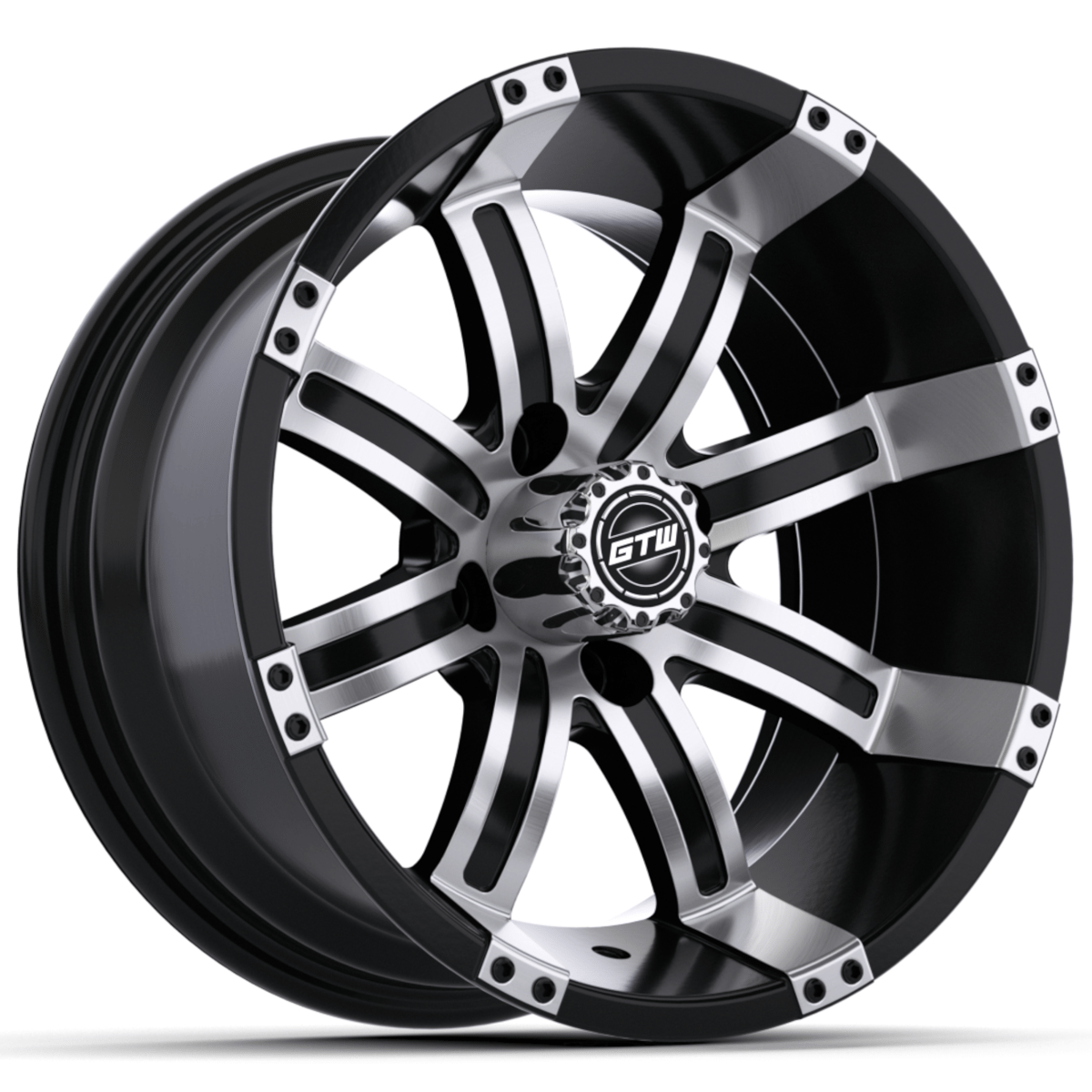 GTW 12x7 Tempest black wheel with machined silver spokes, front three-quarter view.
