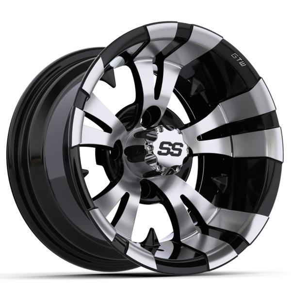 Black GTW Vampire 12x7 wheel with machined face accents shown at an angle against white.