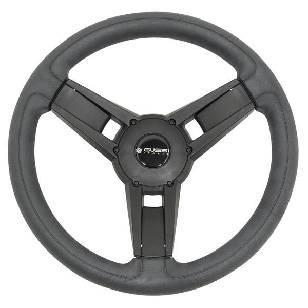 Black Gussi Italia Giazza steering wheel with molded-in hub, front view.