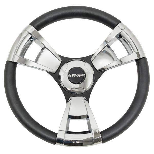 Black Gussi Italia Model 13 steering wheel with chrome accents, front view.