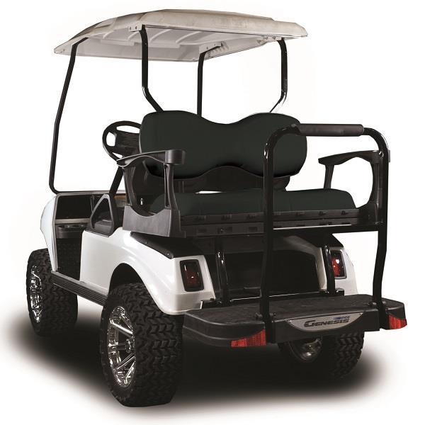 Rear three-quarter view of a MadJax Genesis 250 rear seat with Black deluxe cushions installed on an EZGO RXV golf cart.