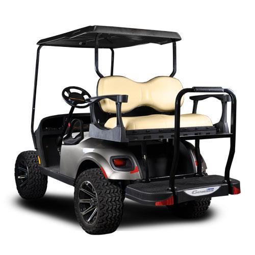 Rear three-quarter view of a MadJax Genesis 250 rear seat with Tan deluxe cushions installed on an EZGO TXT golf cart.