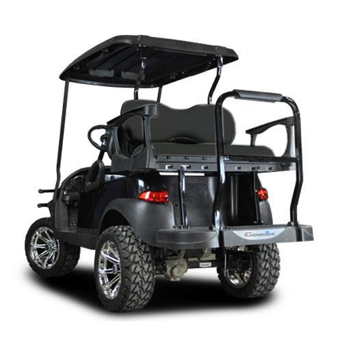 MadJax Genesis 300 rear seat with deluxe black cushions, shown installed on a golf cart.