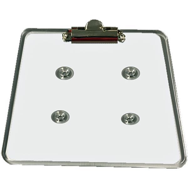 Clear acrylic aftermarket steering wheel score card holder, front view.