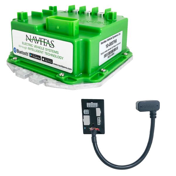 Green Navitas controller module shown with a black adaptor harness and electrical connector panel.